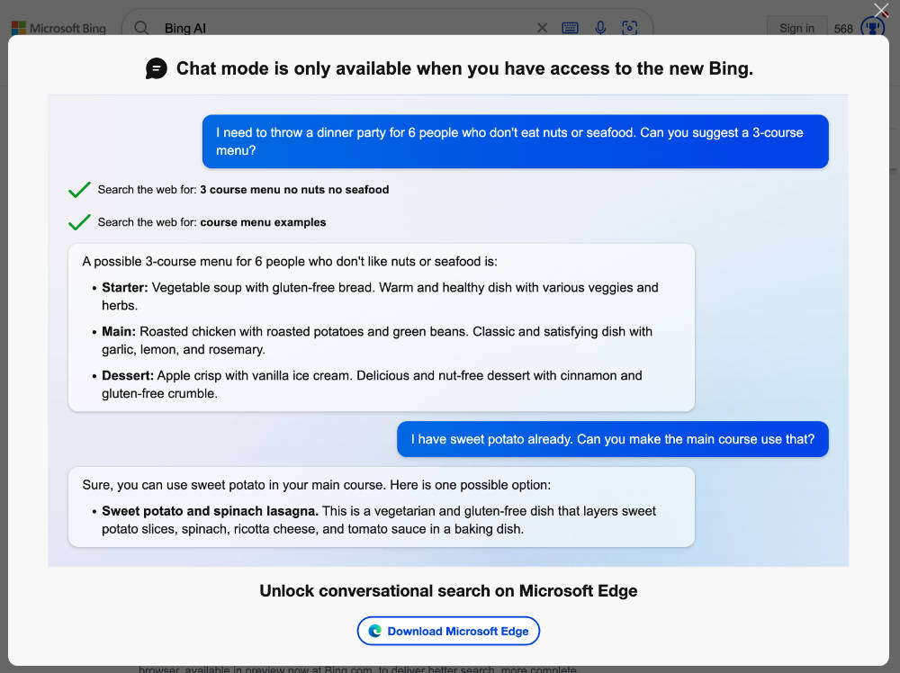 Screenshot of the new Bing to showcase AI in SEO
